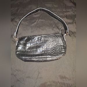 Black Croc Embossed Striped Baguette Bag